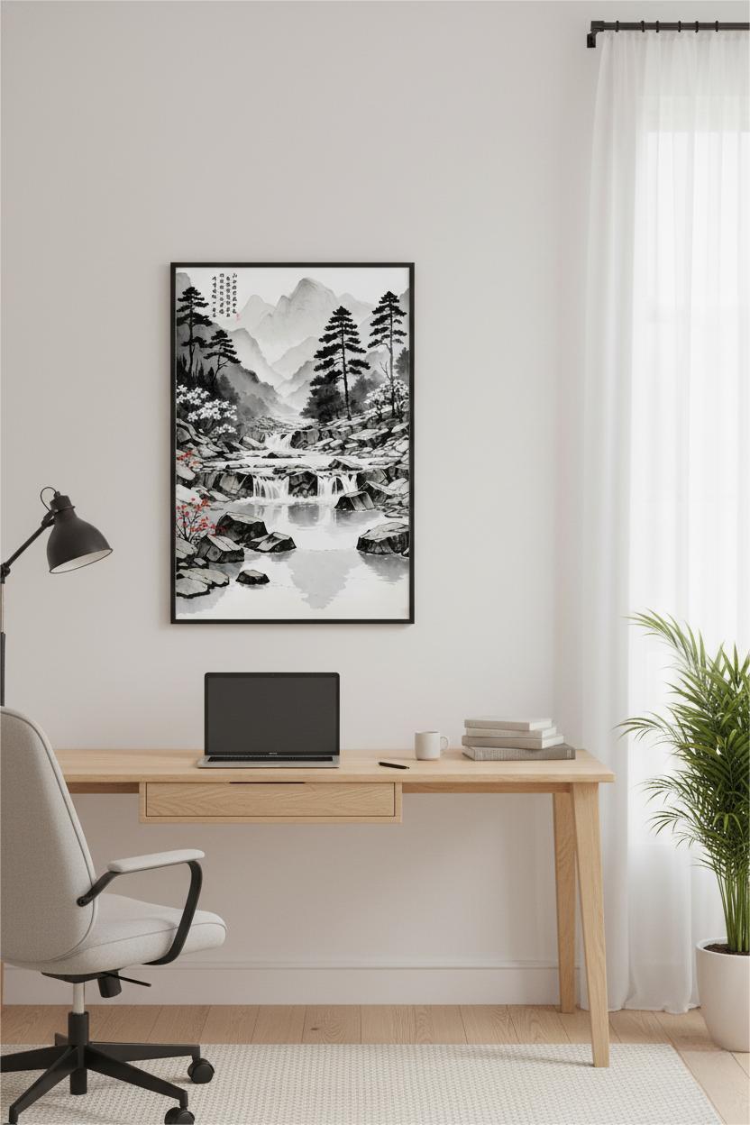 Endless Whisper of the Brook Through the Night ink painting in a black frame above a wooden desk and chair in a study space