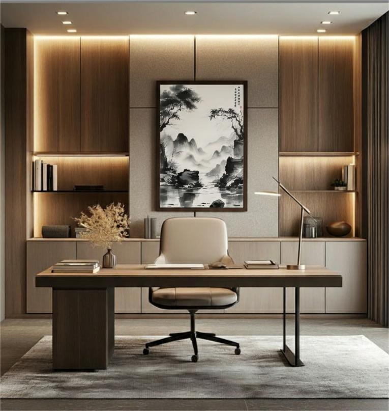 The Silent Realm Unveiled ink painting in a black frame between wooden shelves above a desk in a study space