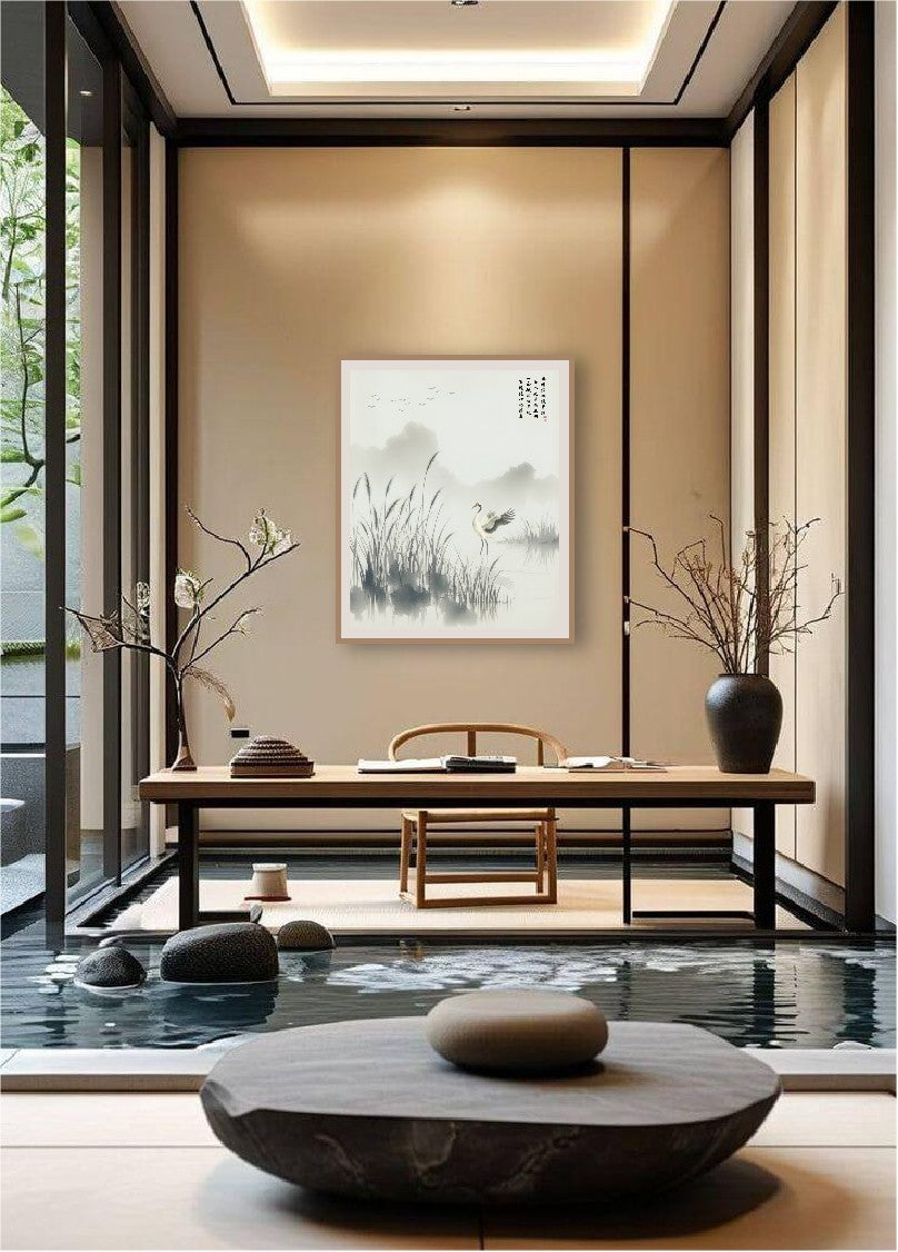 Realm Transformed in Quiet Marsh ink painting on the wall of a modern study room, above a wooden desk beside a still pond