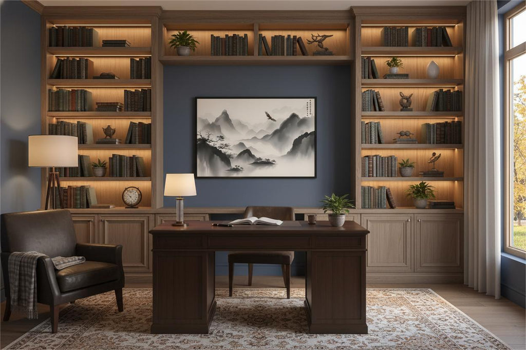 Wings Over the Boundless Sky ink painting in a black frame above a dark wood desk in a study room.