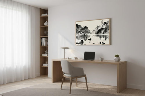 Heaven Reflects Upon Mountains and Rivers ink painting framed above a desk in a study space