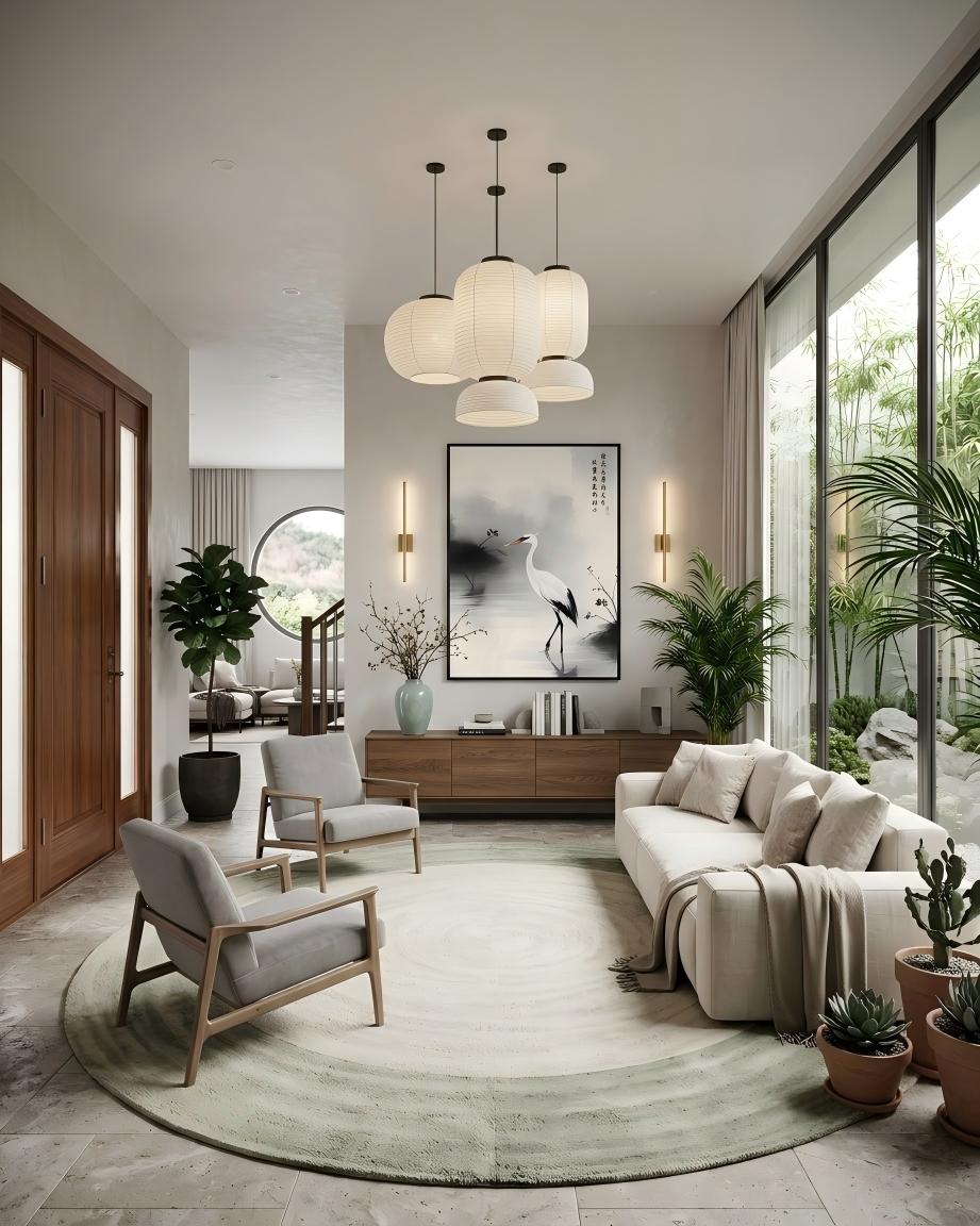 The Lone Egret upon Clear Waters ink painting in a black frame above a wooden sideboard in a tranquil modern living room.