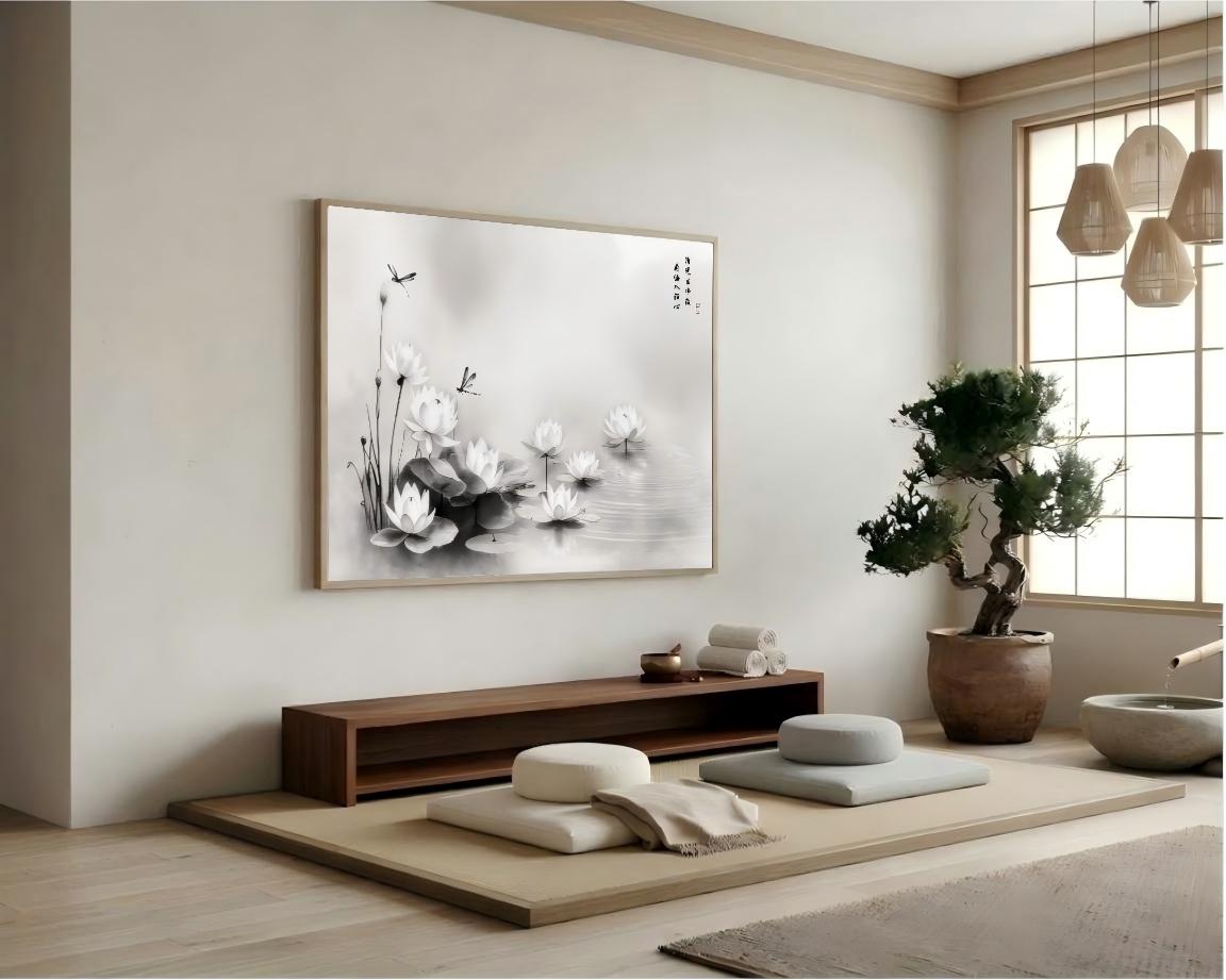 Lotus Grace Clear Light ink painting in a light wood frame above a low wooden bench in a wellness space.