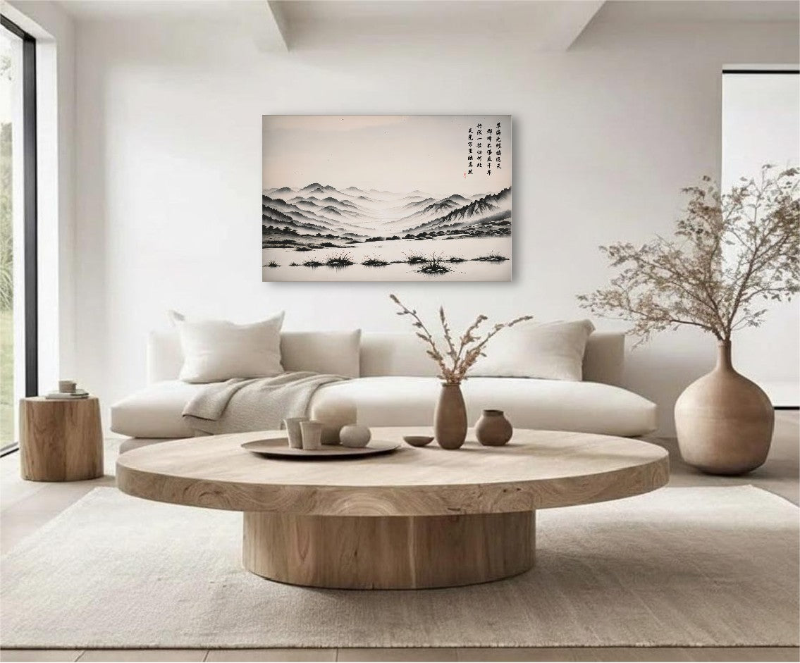A Path Toward the Heart's Return ink painting, unframed, above a white sofa in a zen living room.